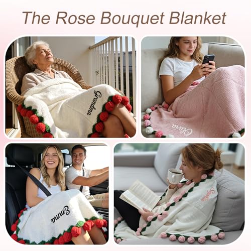 Neywoll Personalized Name Embroidery Crochet Flower Bouquet Throw Blanket Custom Rose Blanket Romantic Gift for Her Girlfr...