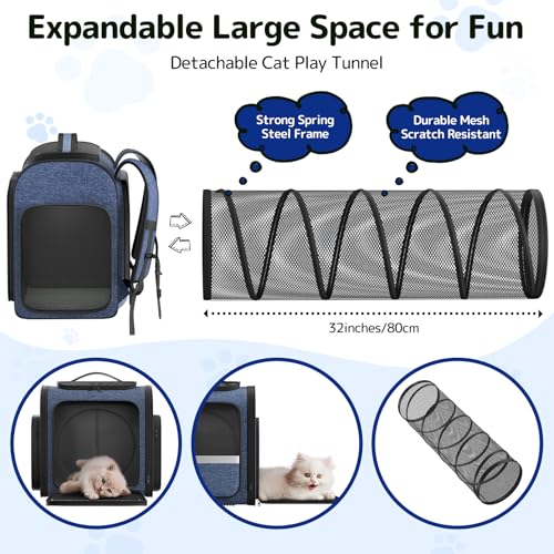 Cat Carrier Backpack with Detachable Play Tunnel, 2 in 1 Cat Tunnel Backpack Suitable for Carrying & Playing, Expandable P...