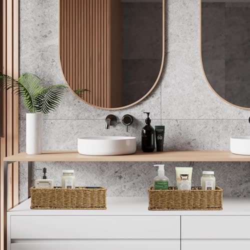 Waterproof Wicker Basket With 3 Compartments, Hand Woven Bathroom Counter Organizer, Small Storage Basket for Toilet Paper...
