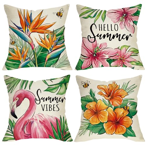 Fjfz Hello Summer Vibes Flamingo Decorative Throw Pillow Covers 16 x 16 Set of 4, Tropical Hibiscus Flower Floral Porch Ou...