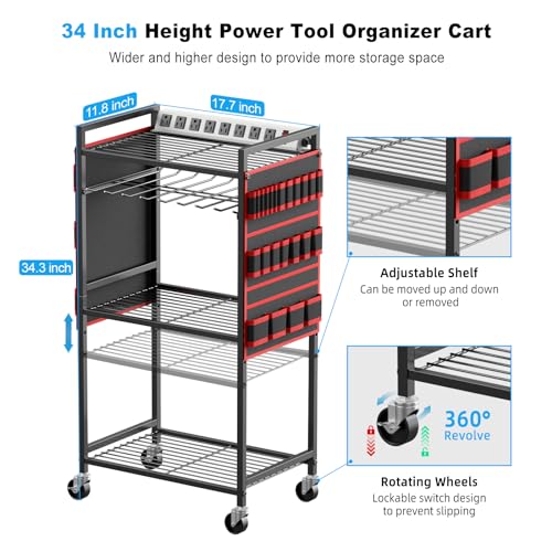 JUNNUJ Large Power Tool Organizer Cart with Charging Station, Garage Floor Standing Rolling Drill and Tools Battery Storag...