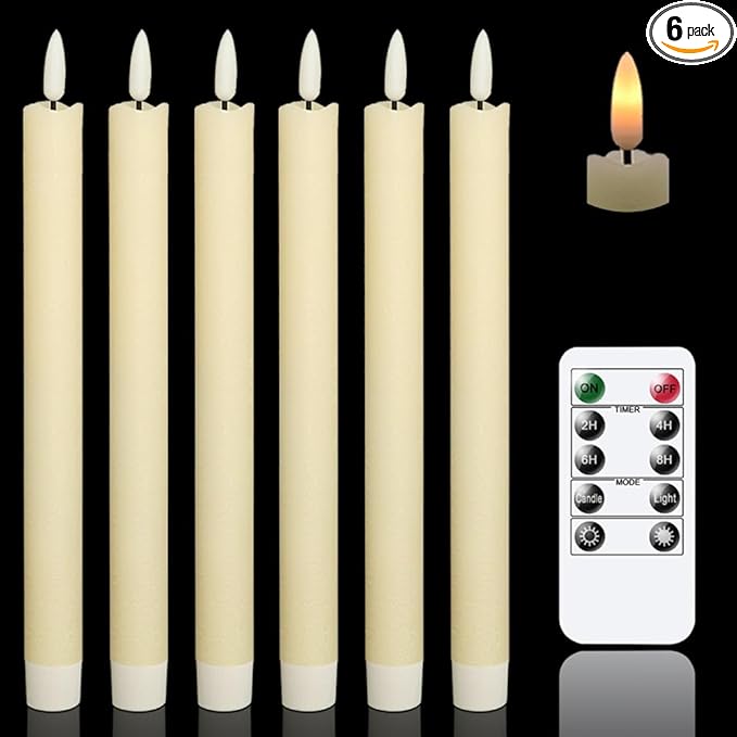 GenSwin Flameless Ivory Taper Candles Flickering with 10-Key Remote, Battery Operated Led Warm 3D Wick Light Window Candle...