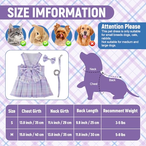Yymobt Cute Plaid Dog Dress Clothes for Small Dogs Cats Girl Purple Plaid Dog Dress with Pearls Bow Tie Harness Leash for ...