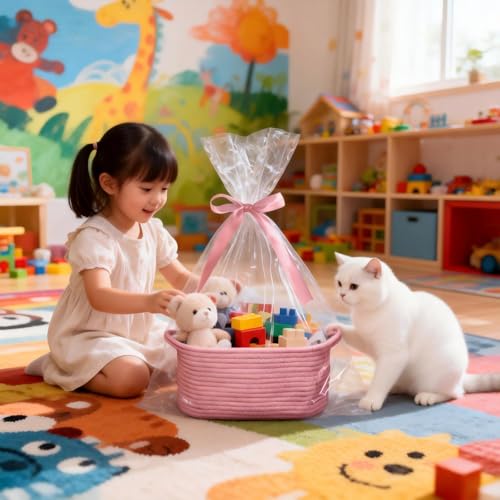 Poschnor Baby Gift Basket with Gift Bags and Ribbons, 12x 8x 5 Inch Basket for Baby and Pet Toys, Small Cotton Rope Basket...