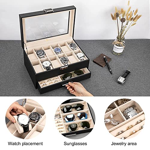 Voova Jewelry Box Organizer for Men Women, 2 Layer Large 12 Slot PU Leather Watch Storage Case, Glass Top Jewelry Display ...