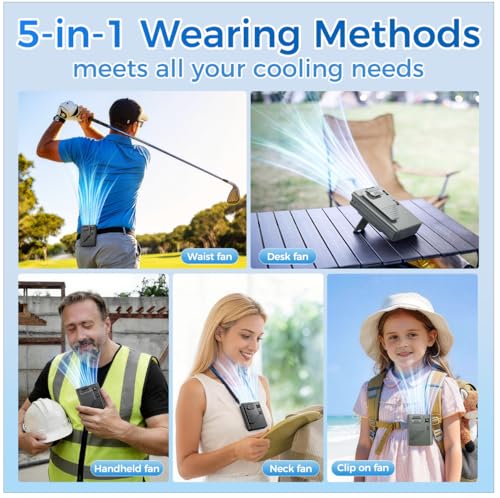 Eastfox 5 in 1 Portable Waist Fan 1-100 Speed Neck fan AI Rechargeable 16H Runtime Clip on Fan 13500RPM Wearable Fan Shirt...