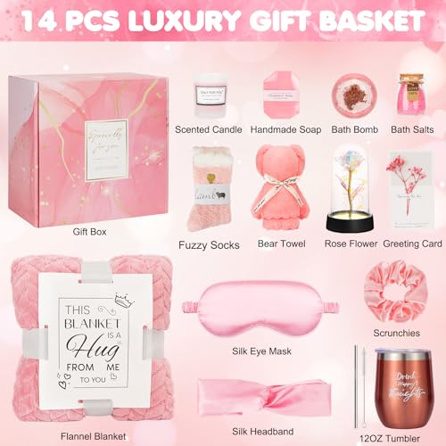 Birthday and Get Well Gifts for Women - Relaxing Spa Care Package With Luxury Flannel Blanket, Light-Up Rose Flower - Uniq...