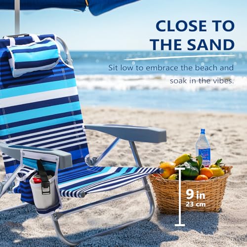 5-Position Aluminum Lay Flat Backpack Beach Chair 2 Pack, Compact Portable Low Beach Chairs for Adults, Beach Chair with C...