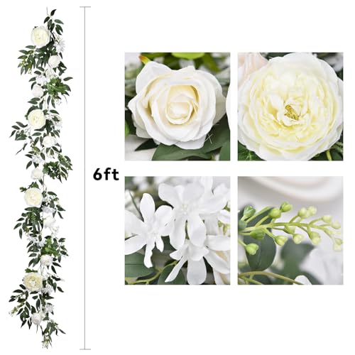 Lvydec 2 Pack Artificial Peony Flower Garland - 6ft Silk Peony Vine Willow Leaves Garland White Arch Flower Vine for Weddi...