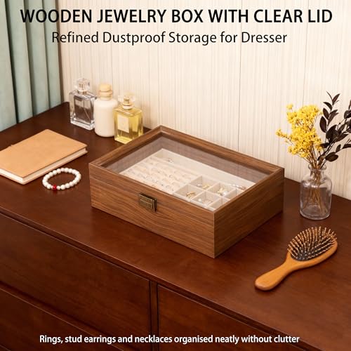 QINGTUHOME 2-Layer Glass Lid Walnut Jewelry Box for Women, Vintage Style Solid Wood Jewelry Organizer and Display Case, Id...