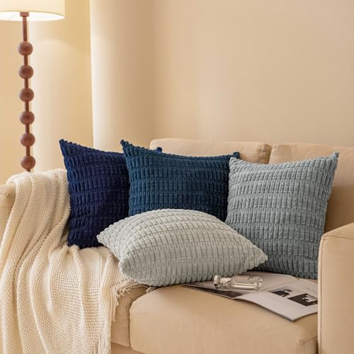 Softalker Throw Pillow Covers 18x18 Inch, Set of 4, Corduroy Soft Striped Farmhouse Boho Pillow Cover, Modern Decorative C...