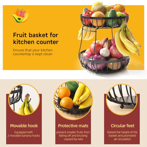 Sevenblue 2 Tier Large Fruit Basket for Kitchen Counter with 2 Banana Hangers, Metal Stackable Fruit Bowl for Kitchen Coun...