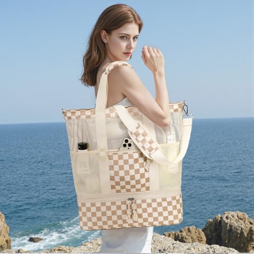 Bluboon Mesh Beach Tote Bag with Cooler Compartment Insulated Detachable Picnic Bag with Zipper and Pocket Pool Bag for Women
