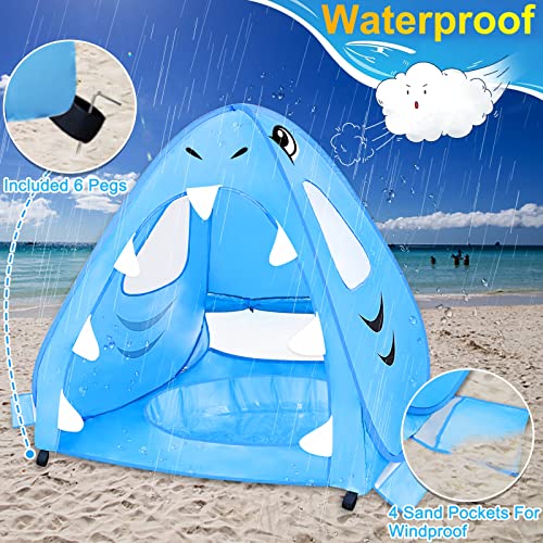 [ Extra High ] Shark Baby Beach Tent with Pool, Pop Up Kiddie Pool Tents Baby Beach Essentials UPF 50+ UV Protection 4 San...