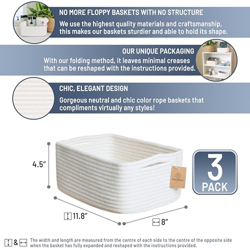 NaturalCozy 11.8"x8"x4.5” Storage Baskets for Shelves 3 Pack | Cotton Rope Woven Small Baskets for Organizing | Small Stor...