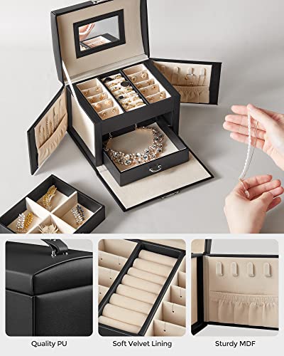 SONGMICS 3-Tier Jewelry Box, Travel Jewelry Case with Handle, 2 Drawers, Lockable Jewelry Organizer with Mirror, Jewelry S...