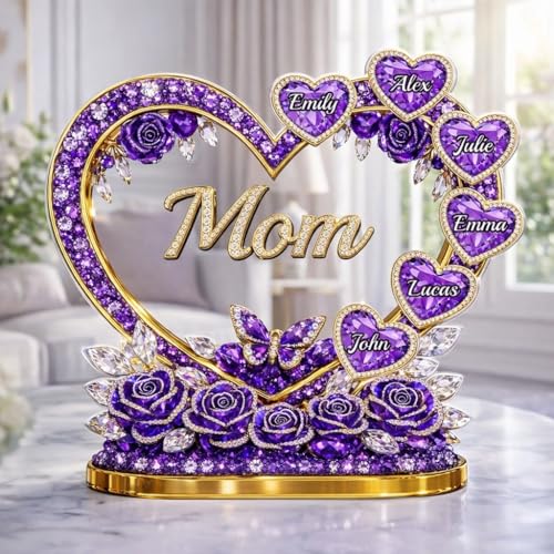 LOVELYPOD Custom Mom Heart With Crystal Roses 2D Acrylic Plaque, Personalized Grandma Plaque with Grandkid Names, Mama Gif...