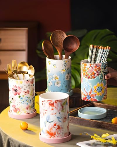 Utensil Holder for Kitchen Counter, Large Ceramic Utensil Holder Crock with Drain Tray, Hand-Painted Floral Rustic Farmhou...