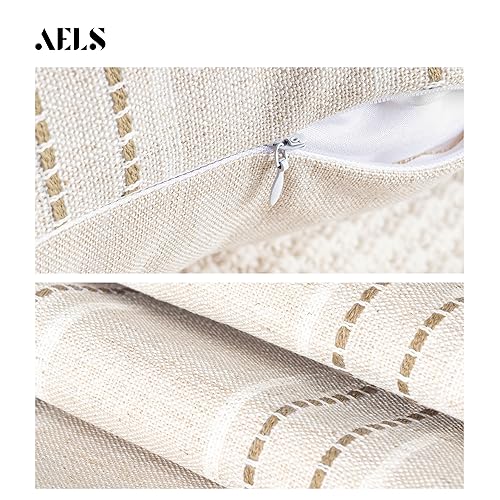 AELS 18x18 Decorative Farmhouse Linen Throw Pillow Covers, Boho Textured Pillow Case, Set of 2, Beige with White & Brown S...