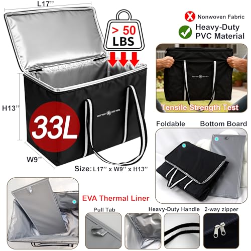 Insulated Food Delivery Bag, Large Durable Reusable Shopping Grocery Bag with Zipper – Foldable Thermal Cooler Bag for Hot...