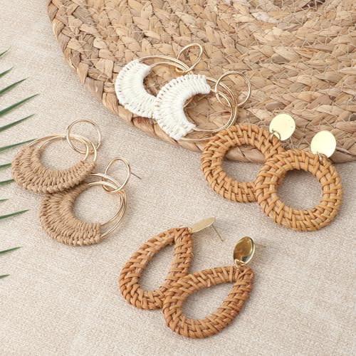 4 Pairs Raffia Rattan Bohemian Earrings for Women, Tropical Bohemian Straw Dangle Earrings Boho Summer Beach Earrings Summ...