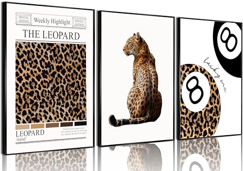 Trendy Leopard Wall Art Set of 3 Funky Lucky 8 Ball Posters Prints Preppy Room Aesthetic Cheetah Wall Decor Pictures for G...