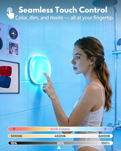 Gotopceed IP65 Waterproof Rechargeable Shower Light - 6″ 300LM Bright, 16 Colors Bathroom Mood Lighting with Touch & Remot...