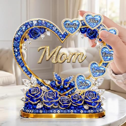 LOVELYPOD Custom Mom Heart With Crystal Roses 2D Acrylic Plaque, Personalized Grandma Plaque with Grandkid Names, Mama Gif...