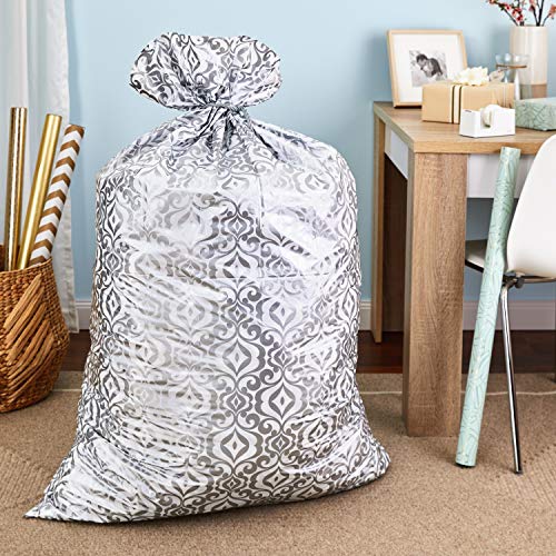 Hallmark 56" Large Plastic Gift Bag (Silver Damask) for Engagement Parties, Bridal Showers, Weddings, Valentines Day, Holi...