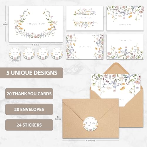 AUDREE Floral Thank You Cards With Envelopes (20 pack 4x6) - Wildflower Thank You Cards With Adhesive Envelope & Stickers...