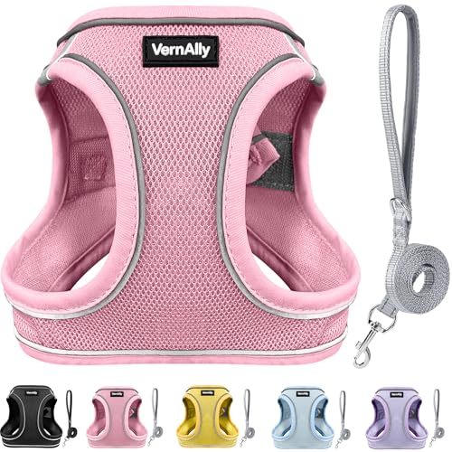 VernAlly Sparkly Dog Harness Small Sized and Leash Set for Small Dogs Cats,Pink XXS Puppy Harness, Step in Soft Dog Reflec...