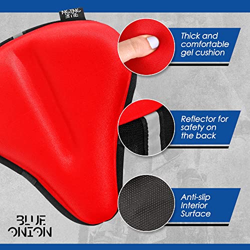 Blue Onion Gel Bike Seat Covers with Safety Reflector - The Most Comfortable Exercise Bike Seat Cushion Cover with Thicker...
