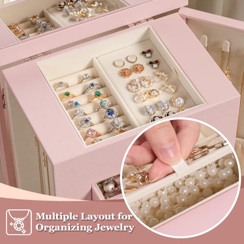 Emfogo Jewelry Boxes for Women, 5-Layer Large Leather Jewelry Organizer Box with Mirror and Drawers, Jewelry Storage for N...
