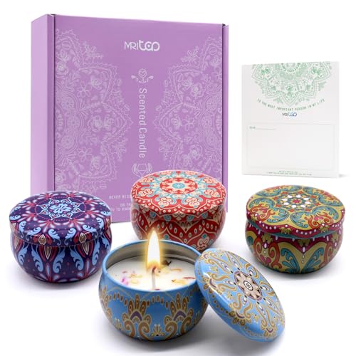Scented Candles Gift Set for Women 4 Pack Soy Wax Candles with Dried Flowers Reusable Tin Aromatherapy Relaxation Gift for...