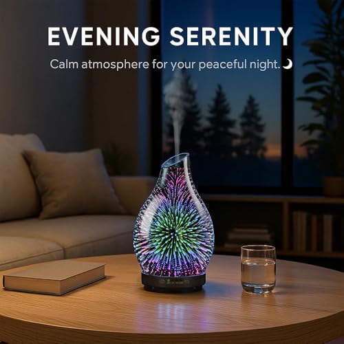 JOYOLO 120ML Essential Oil Diffuser, 3D Glass Aromatherapy Diffuser with Auto Shut-Off and 7 Color LED Lights, Ultrasonic ...
