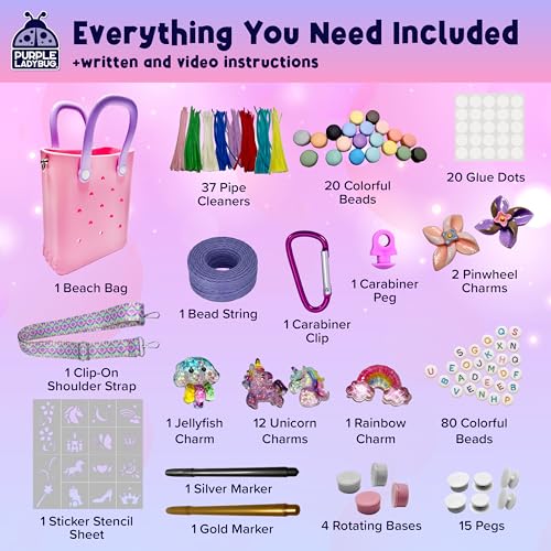 PURPLE LADYBUG Beach Tote With Beads & Charms For Kids, Fun Crafts for Girls Ages 6-8, Summer Travel Beach Bag For Girls