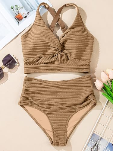 Herseas Women's Textured Bikini Sets Twist Front Top Swimsuits High Waisted Bathing Suits
