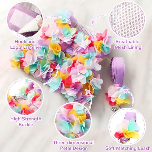 TENGZHI Cute Small Dog Harness and Leash Set Purple Lace Floral Girl Puppy Harness for Small Dogs Cats Soft Mesh Dog Vest ...