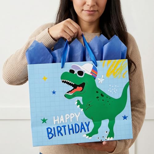 Joliloly 13" Happy Birthday Gift Bag, Dinosaur Print Sturdy Thick Paper Bag for Kids, Reusable Birthday Present Bag with T...