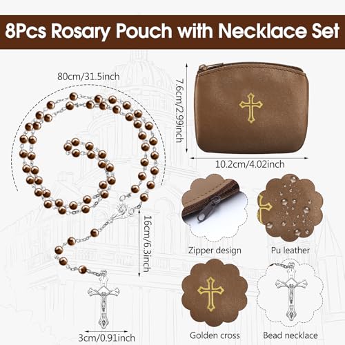 Dansydaisy 8 Pcs Rosary Pouch with Catholic Rosary Beads Necklace Set for Women Leather Holder with Zipper Gold Cross Impr...