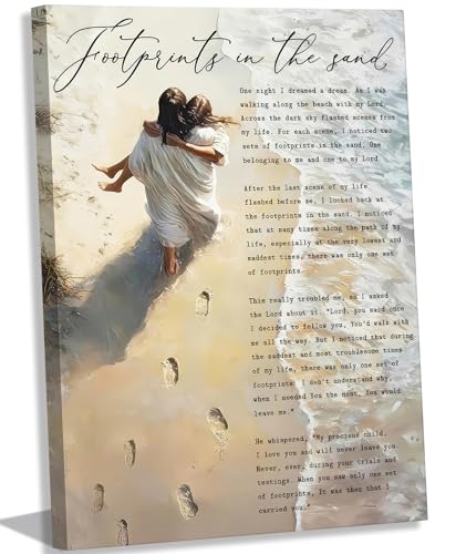 Footprints in the Sand Canvas Wall Art Chrisitan Inspirational Painting Picture Jesus Hugging Woman on Beach Poster Prints...