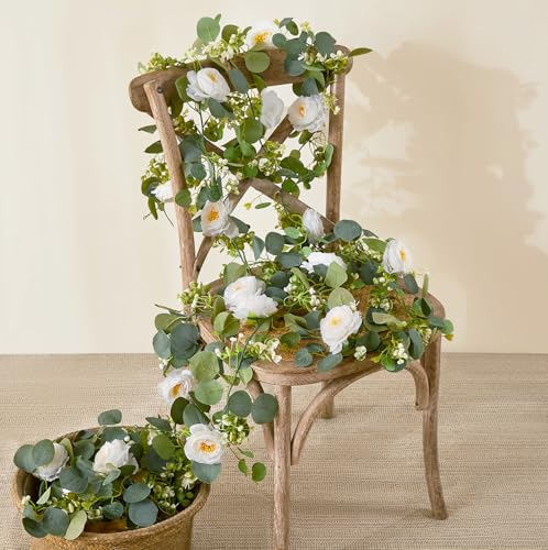 Aoztio 2 Pack 6Ft Artificial Eucalyptus Flower Garland with White Roses, Faux Floral Greenery Garland Fake Flower Vines fo...