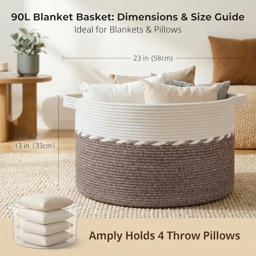 OIAHOMY 90L Blanket Basket for Living Room, Large Basket 23" x 23" x 13" with Handle, Laundry Hamper for Blankets, Pillow...