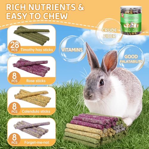 52Pcs Rabbit Chew Sticks, Guinea Pig Toys, Natural Timothy Grass Molar Teeth Stick, Mixing Flowers, Roses, Calendula and F...