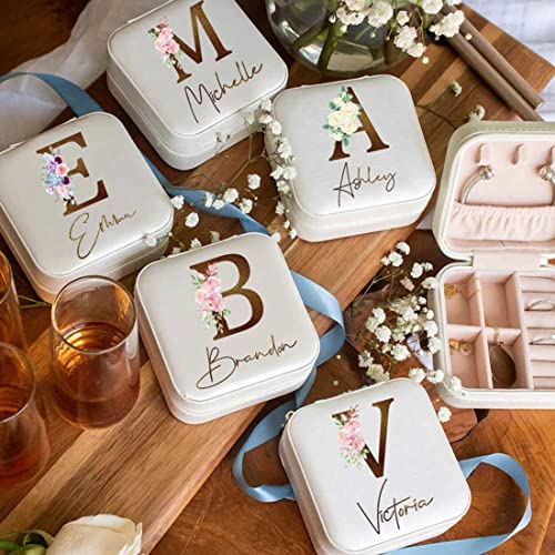 DayOfShe Personalized Bridesmaid Gifts-Travel Jewelry Box for Bachelorette Party Gifts-Leather Initial Floral Jewelry Orga...