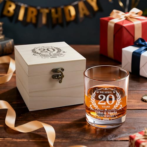 Lyrissa Personalized 12 oz Whiskey Glasses for Men, Custom Anniversary - Gifts for Couple Him Husband in Premium Wooden Bo...