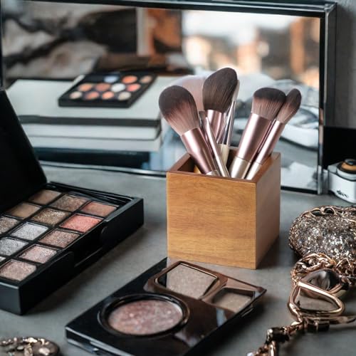 LBEMEY Acacia Wood Makeup Brush Holder Organizer for Vanity,Pen and Pencil Holder for Desk,Desktop Organizer for Store Mar...