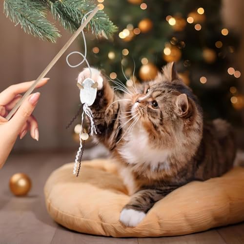 NOWFRESH Cat Wand Toy Set, 2 PCS Interactive Cat Teaser Wands with Cute Bee & Mouse Designs, Equipped with Bells and Strea...