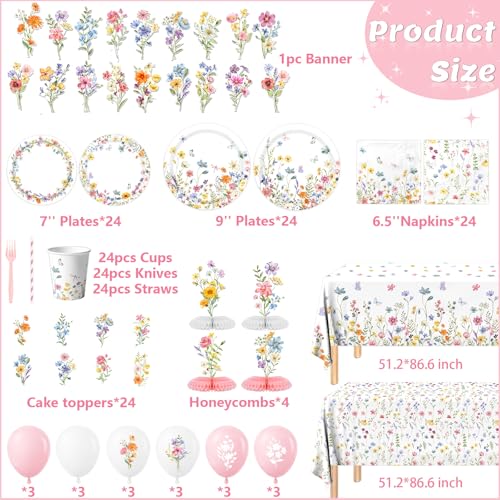 193Pcs Spring Wildflower Party Decorations Include Plates, Napkins, Cups, Balloons, Banner, Tablecloth, Cake Toppers, Hone...