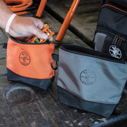 Klein Tools 55569 Stand-Up Zipper Bag Tool Pouch with Carabiners, Reinforced Gusseted Bottoms, Water Resistant 1680d, Mult...